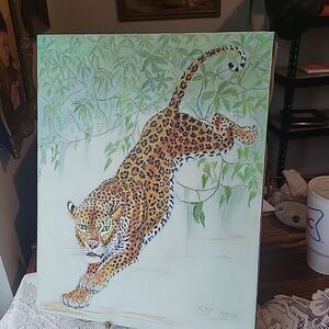Vtg 70s Leaping Leopard on Canvas Painting Art - 14"x 18" Signed Kitty Meeks ACY